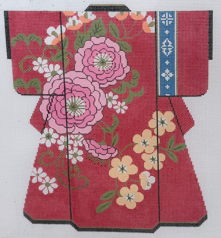 Pink Blossoms on Red Kimono