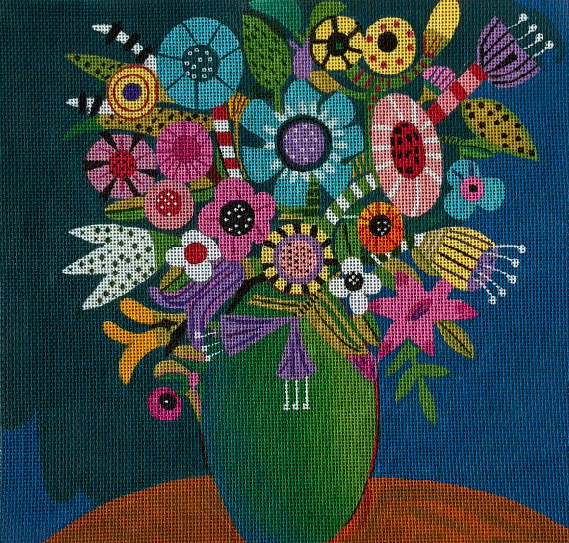 Colorful Abstract Flowers in Green Vase