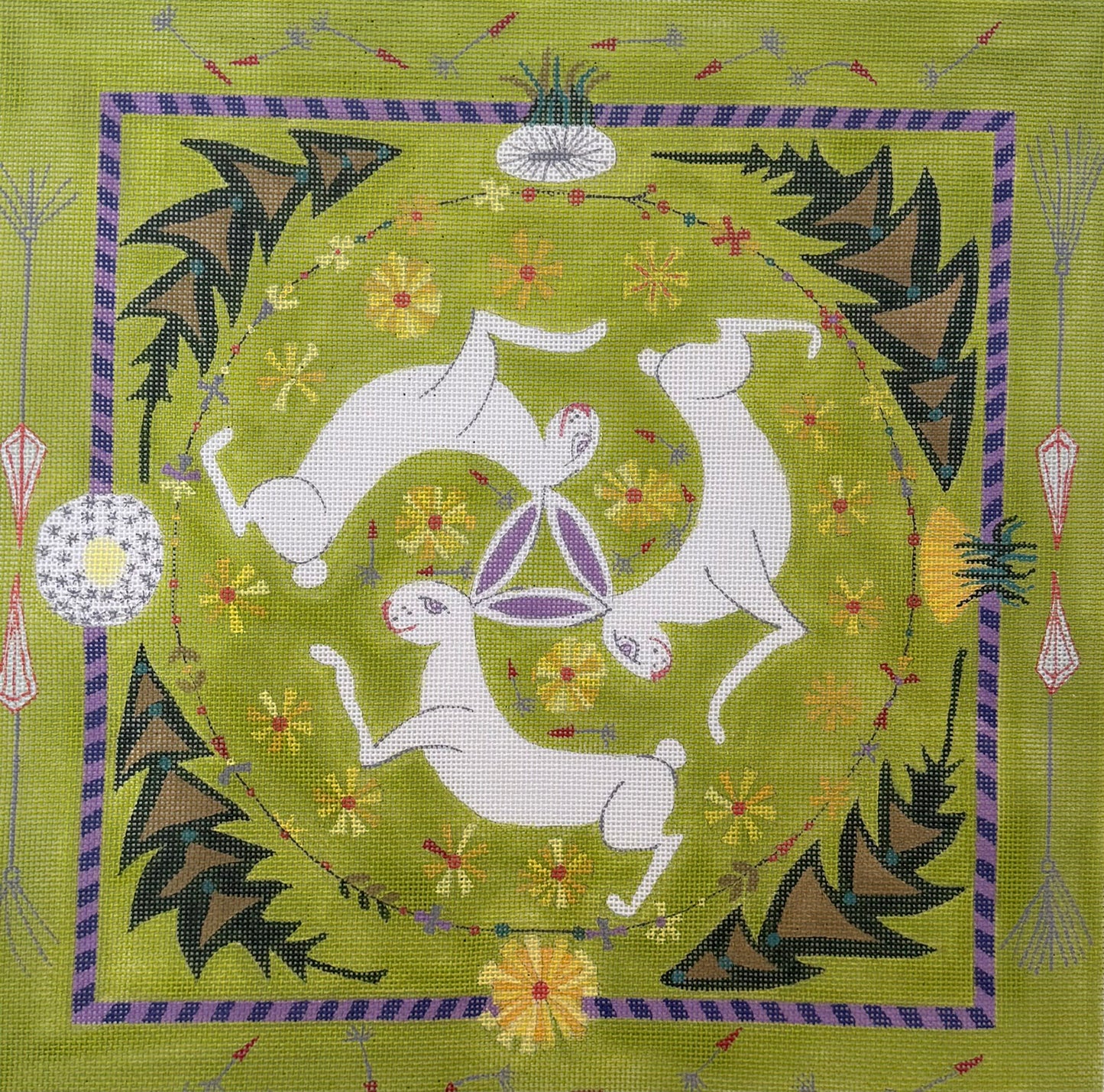 Three Rabbits in a Circle with Geometric Designs and Flowers