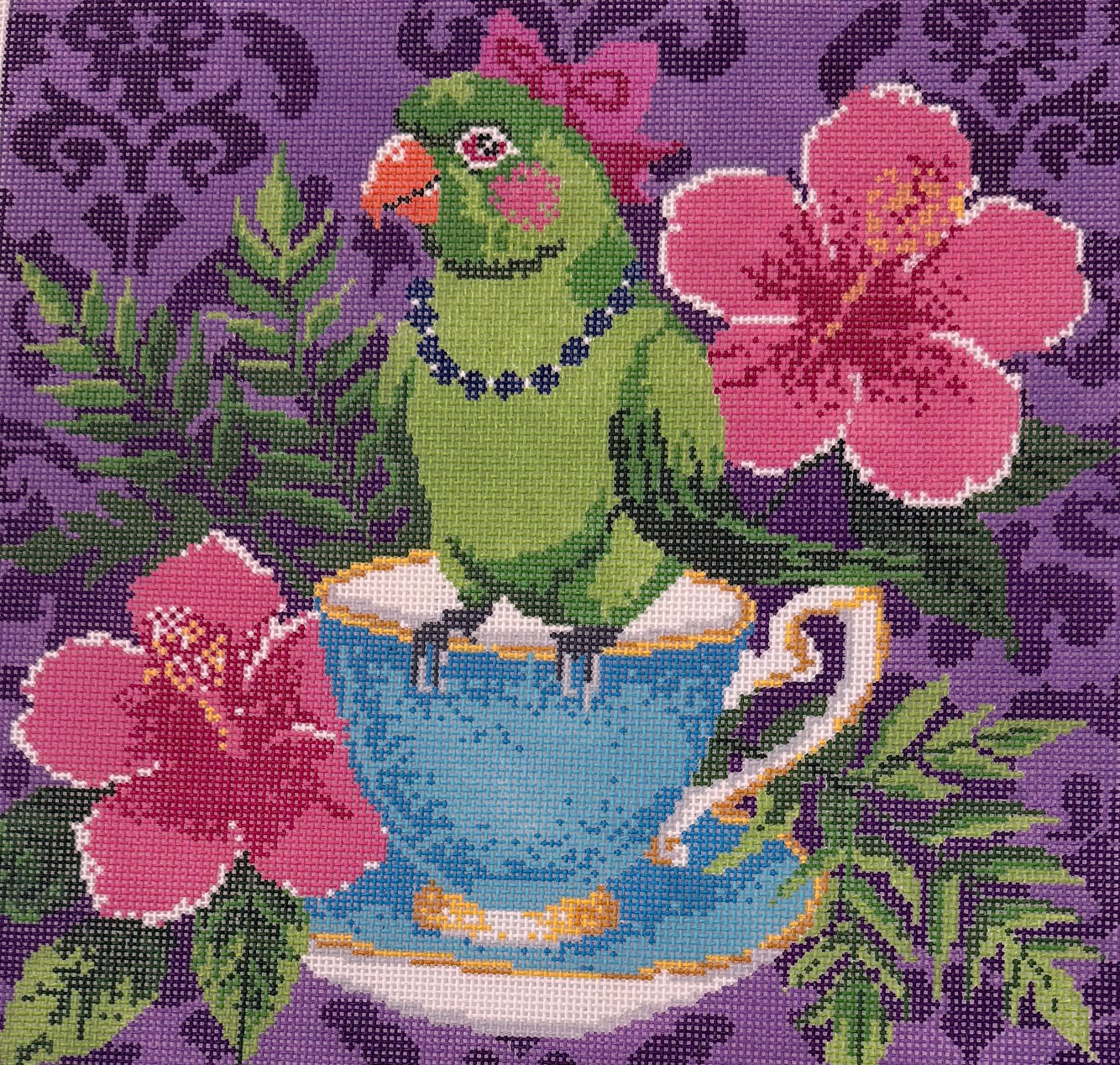 Parrot on a Teacup with Pink Flowers