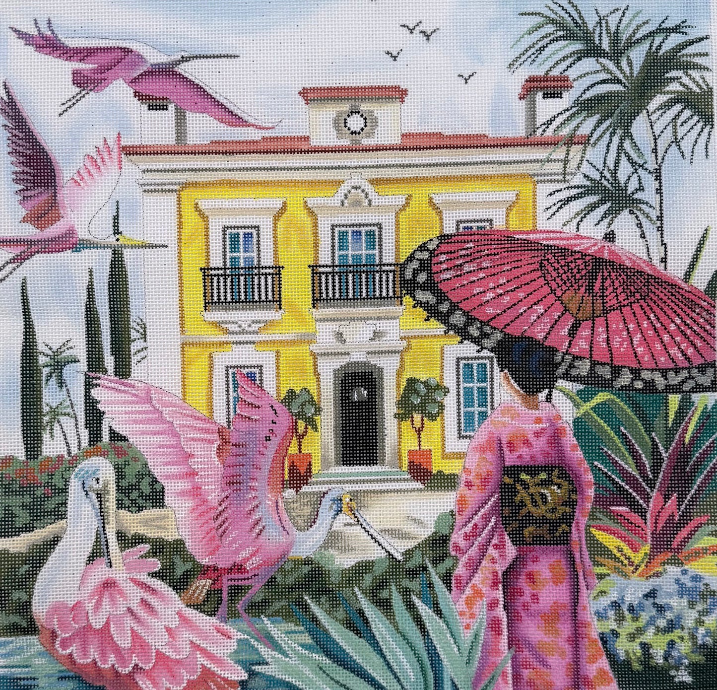 Majestic Yellow House with Cranes and Japanese Lady