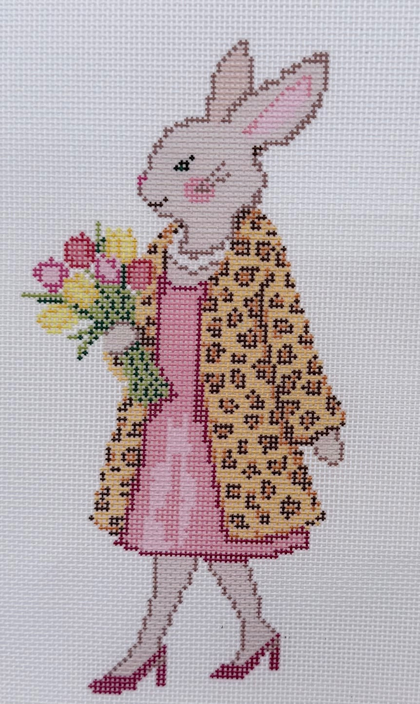 Bunny in a Leopard Print Coat with Tulips