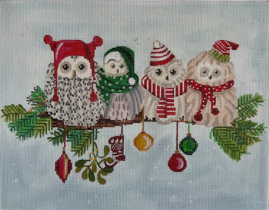 4 Christmas Owls on a Branch