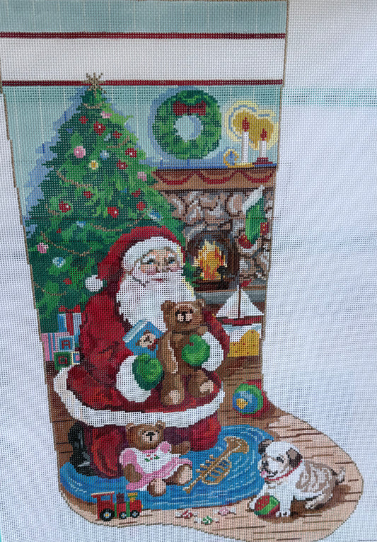 Santa by Fireplace with Toys and Dog Stocking
