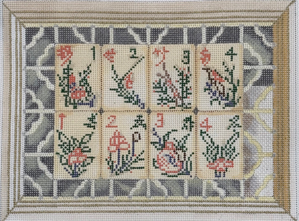 Mah Jong Bag with Floral Tiles on Gray and White