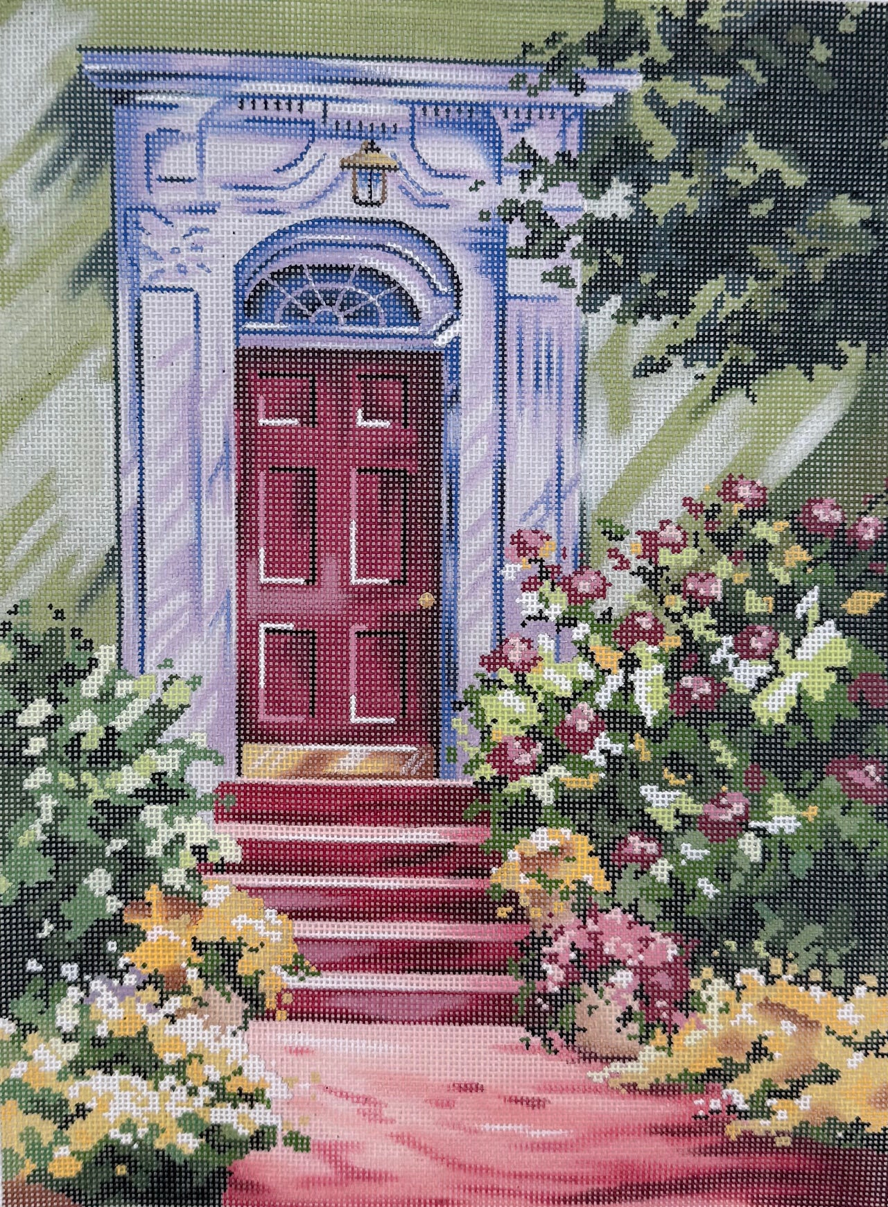 Red Georgian Door on Green House with Flowers