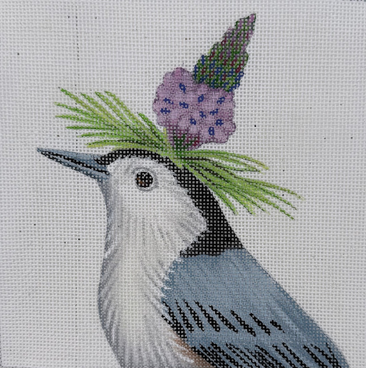 Black, gray and white bird with floral hat
