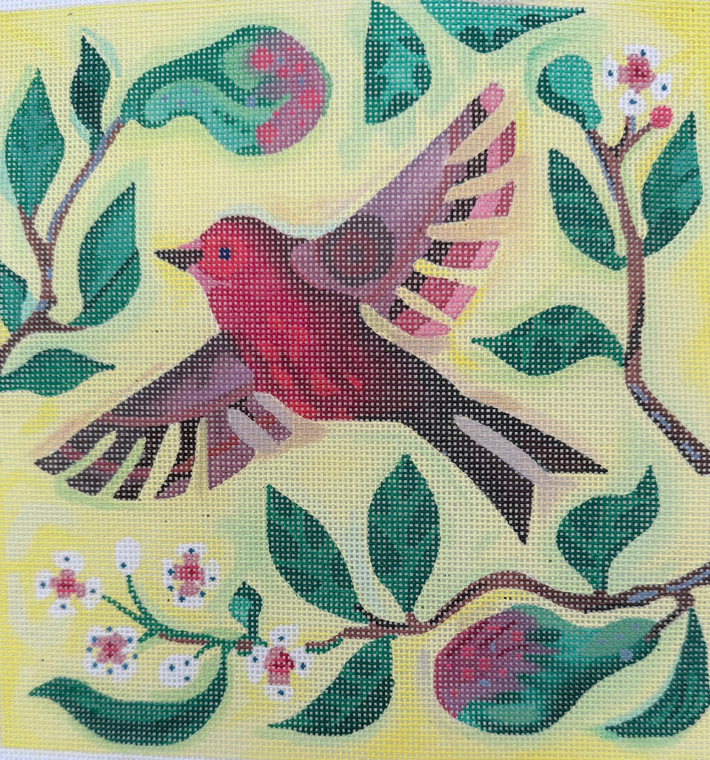 Red Bird with Green Leaves on Yellow Background