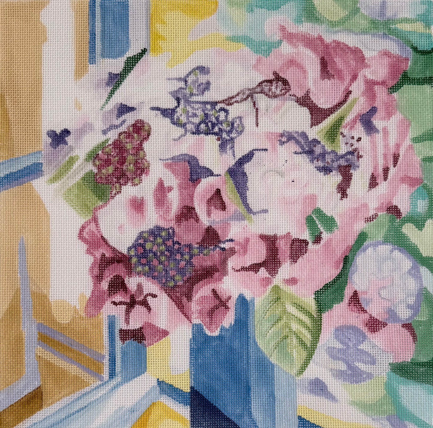 Pink and Purple Flower Bouquet in Blue Vase