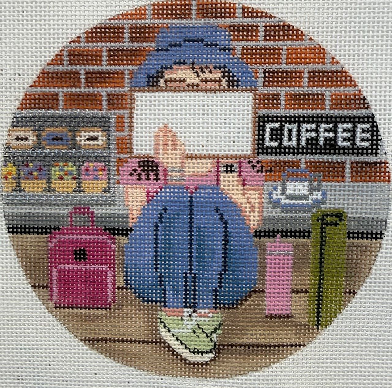 Stitiching GIrl with Coffee Round