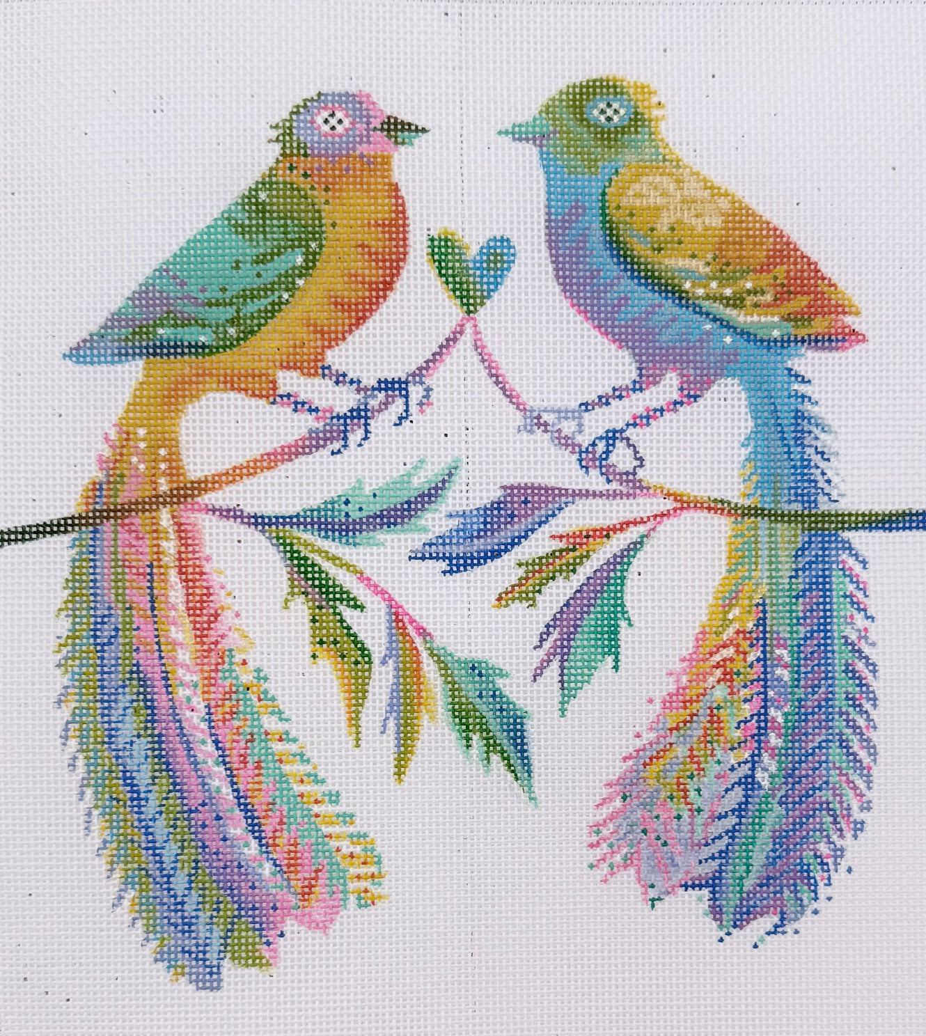 Bright Multicolor BIrds on Branch with Heart