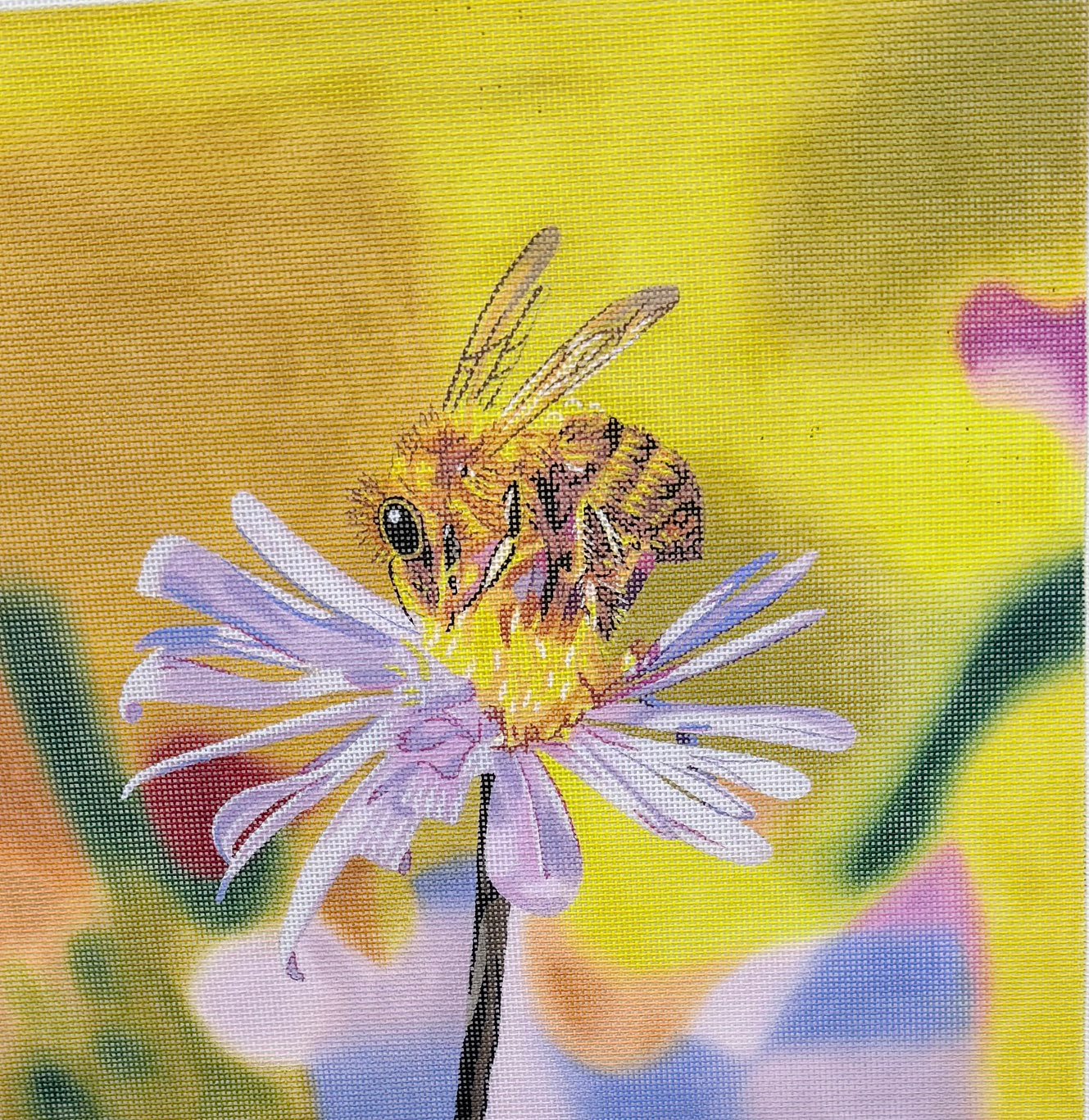 Bee on Purple Flower on Yellow Background