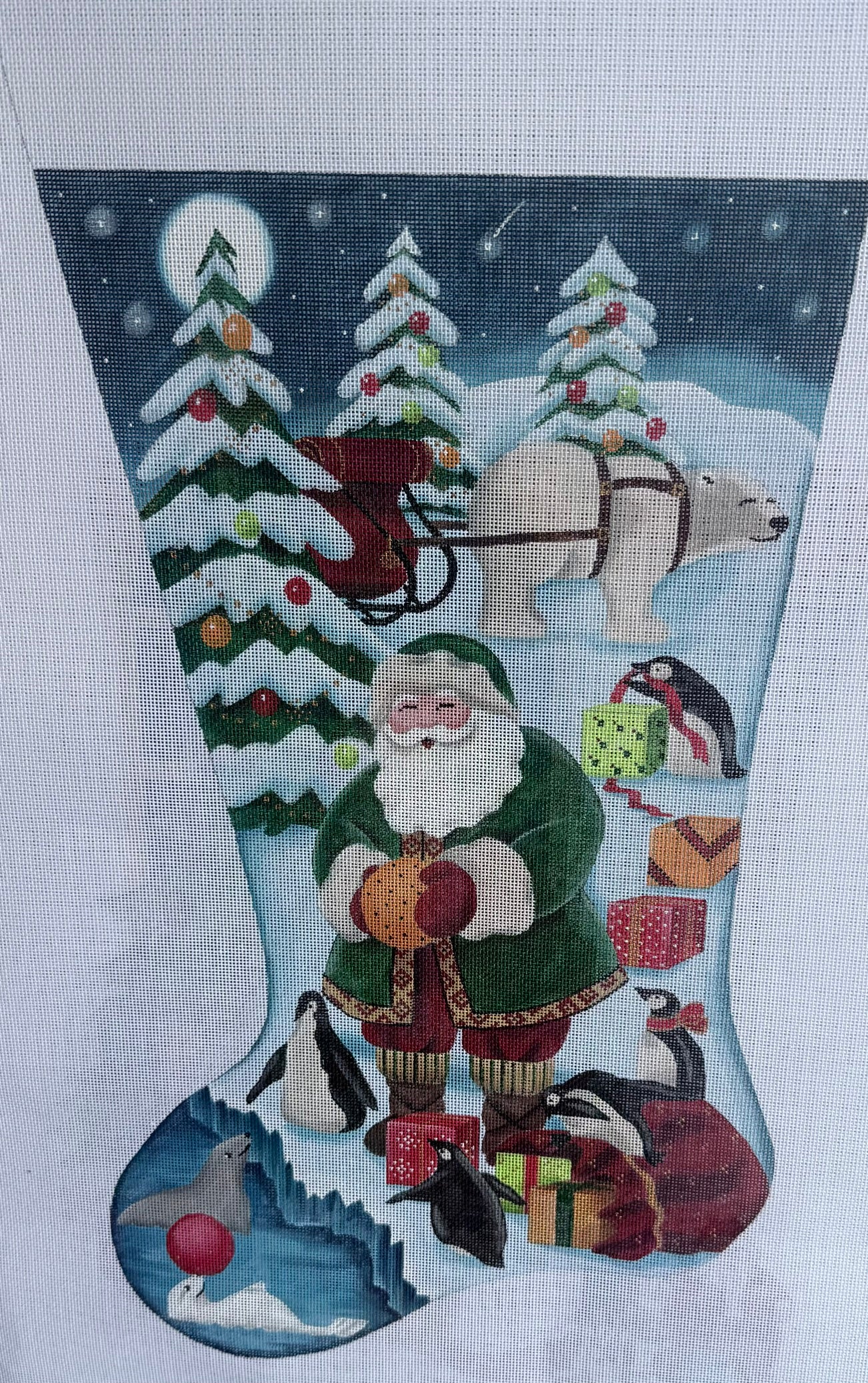 Stocking with Santa in Green Coat with Polar Bear, Penguins and Seal