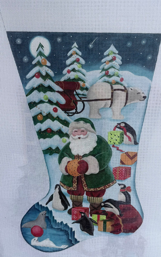 Stocking with Santa in Green Coat with Polar Bear, Penguins and Seal