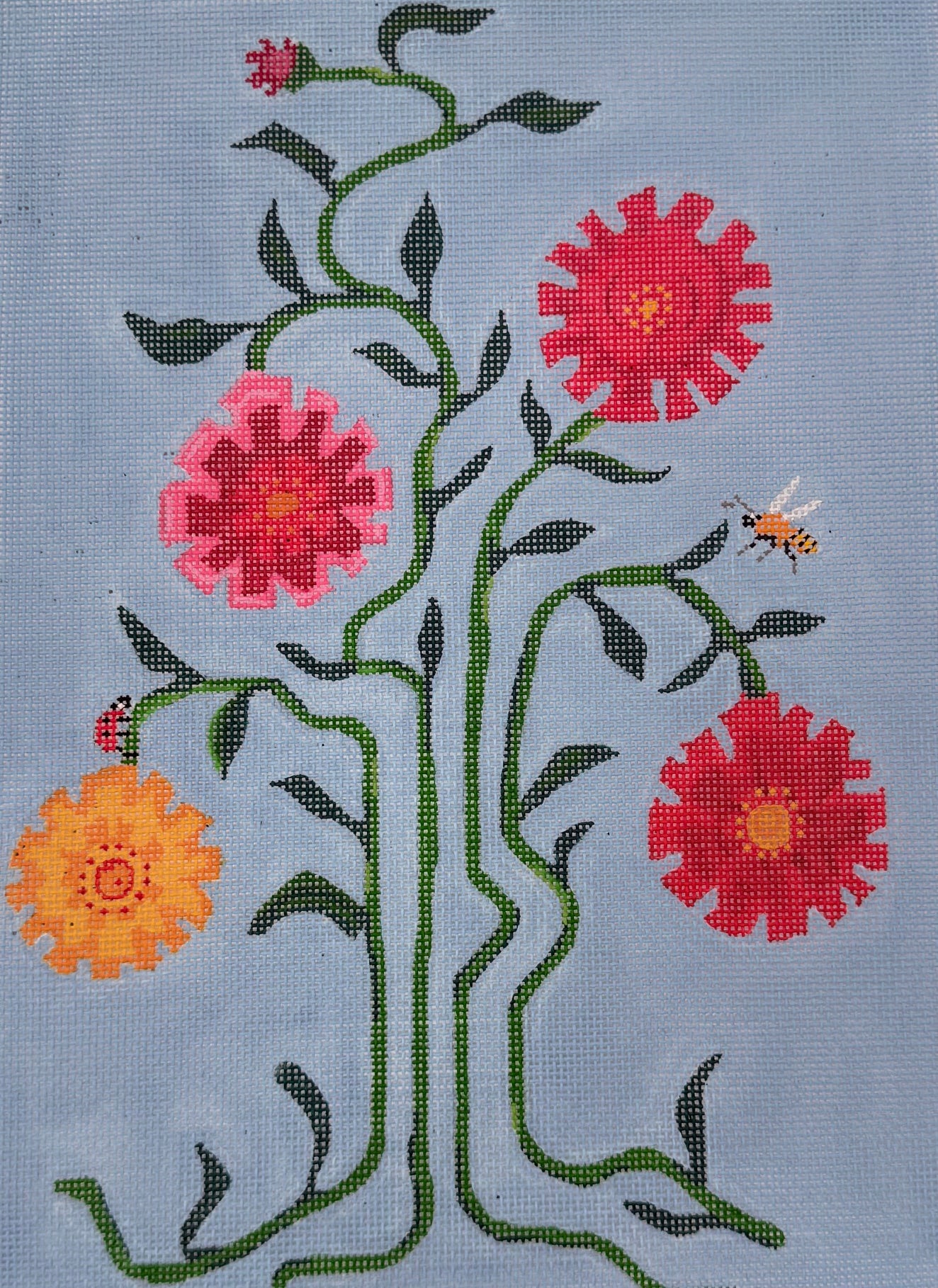 Abstract Red and Orange Flowers with Bee and Ladybug