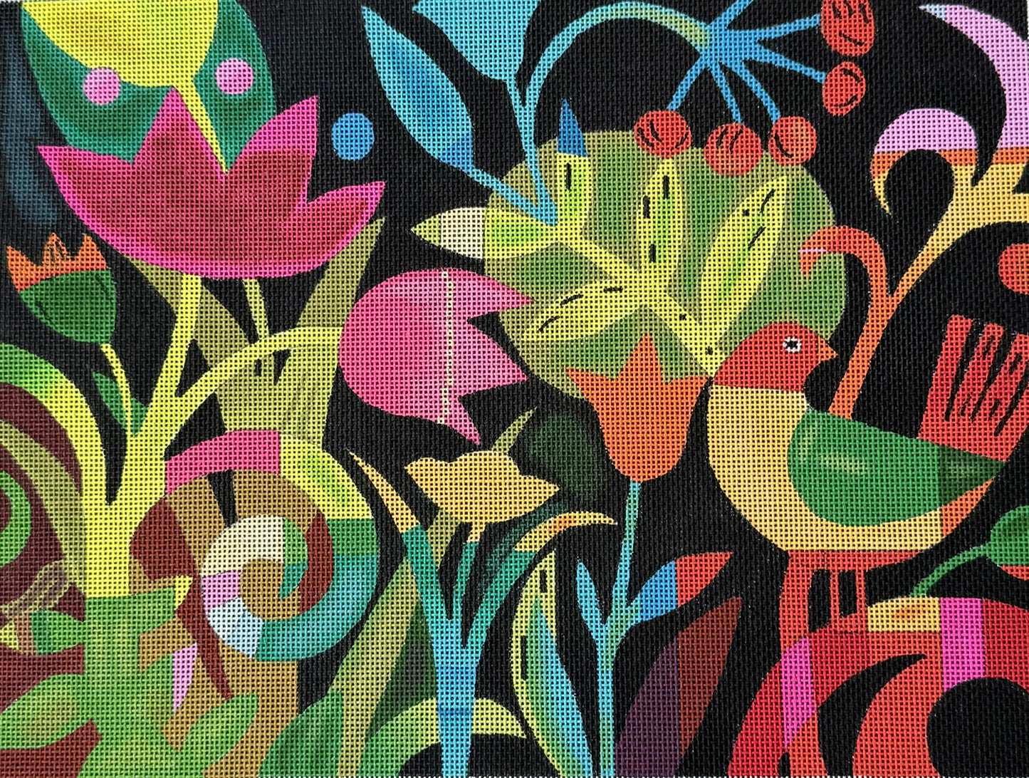 Bright Flowers with Bird on Black Background