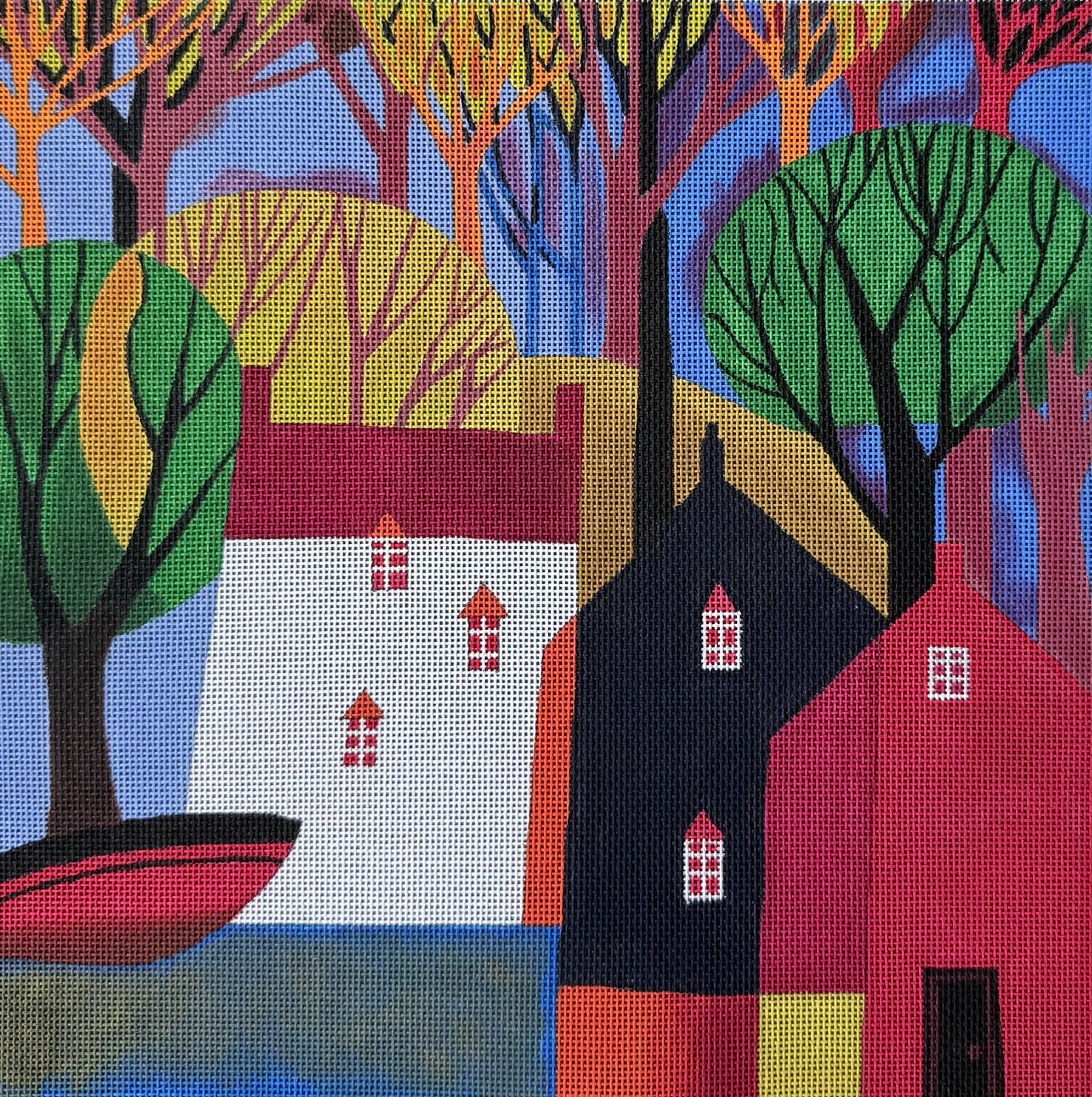 Bright Colored Geometric Houses and Trees