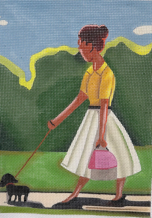 Lady Walking Her Dog with Trees
