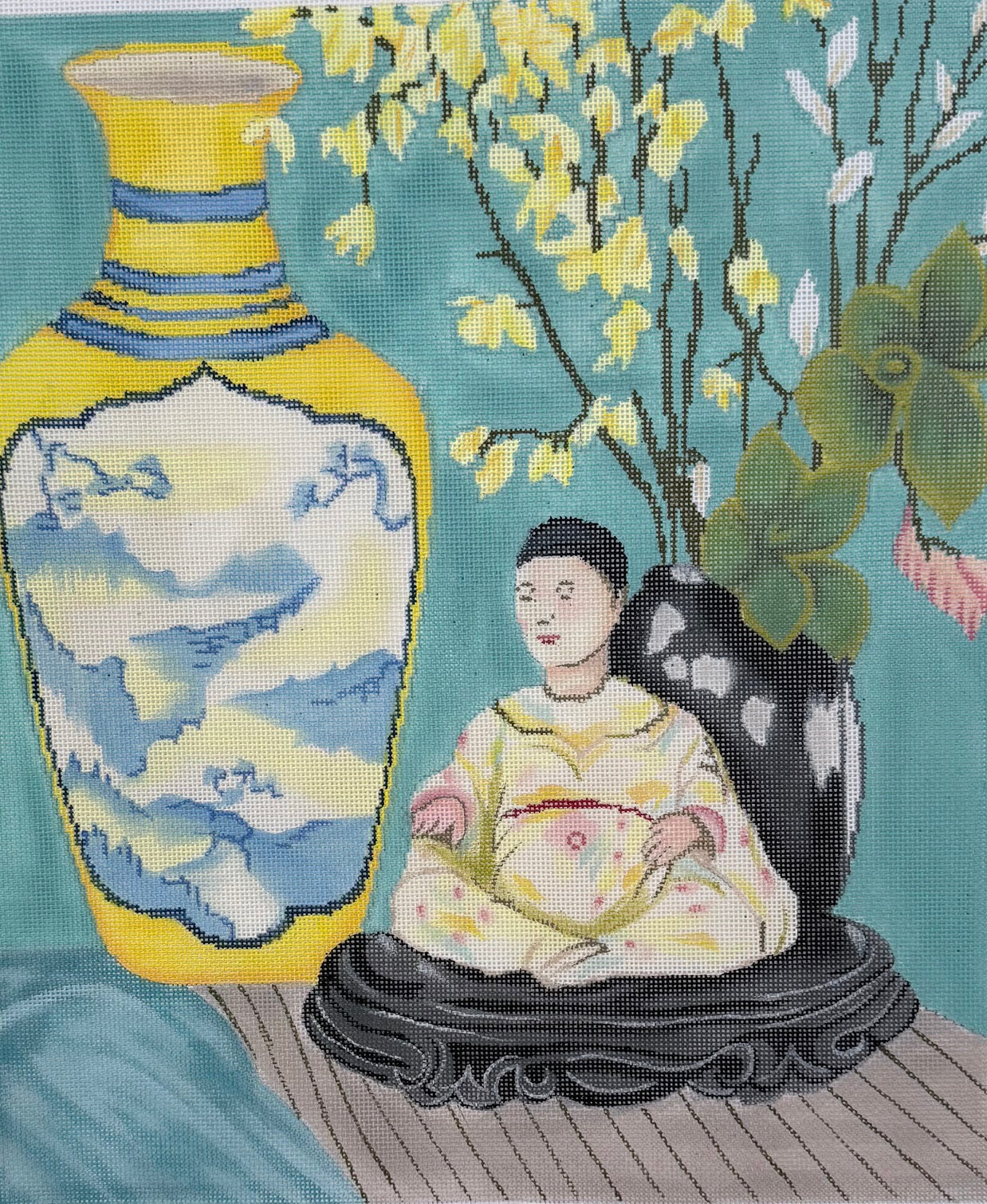 Buddha with Yellow Chinoiserie Vase and Flowers