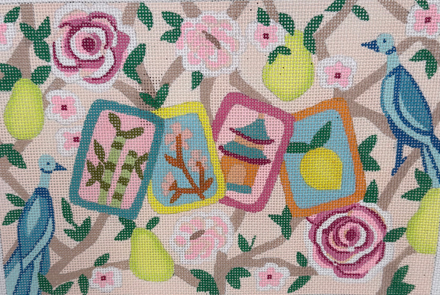 Bright Mah Jong Tiles with Flowers, BIrds, and Fruit