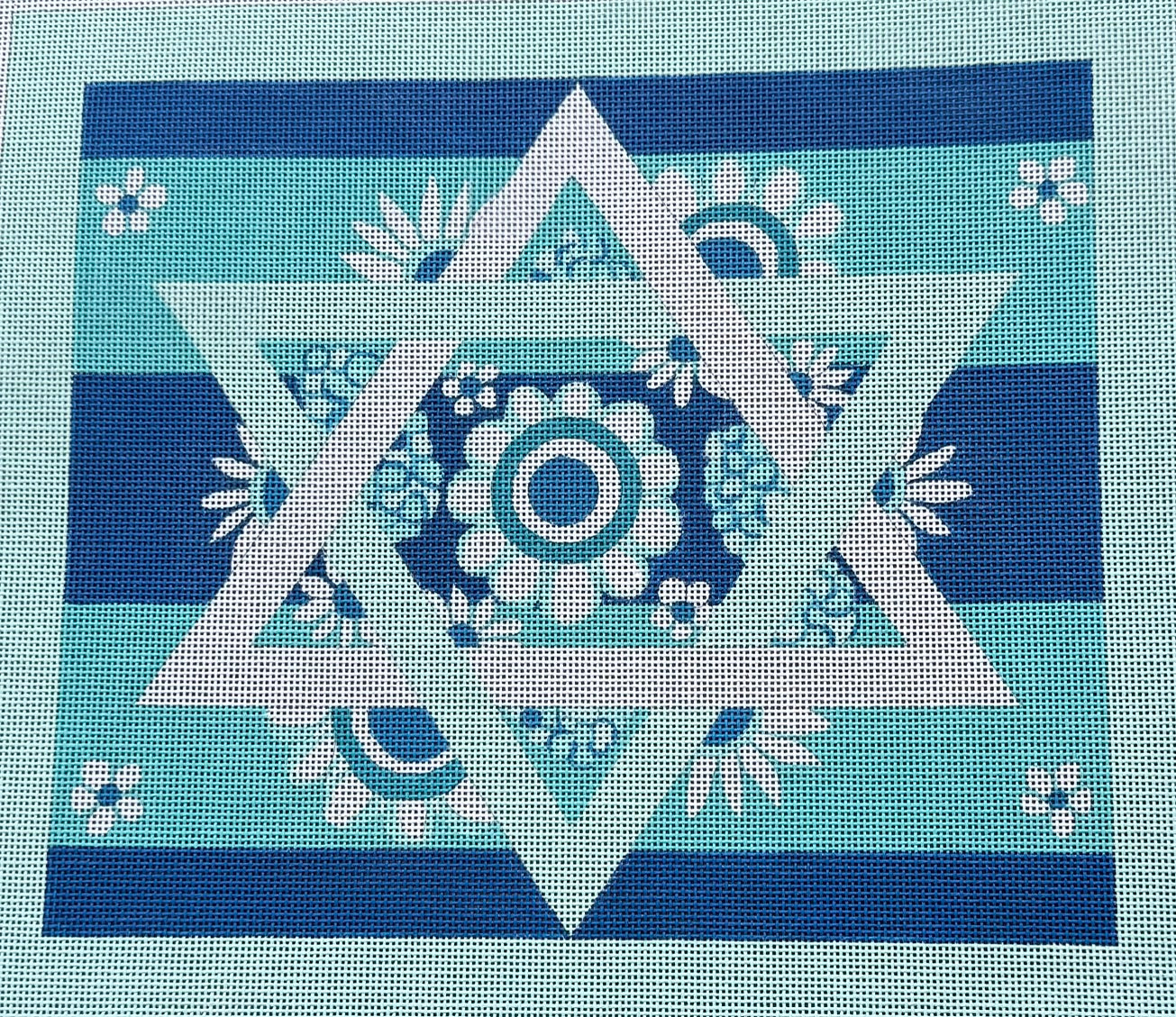 Challah Cover with Star of David and Flowers in Blues and White