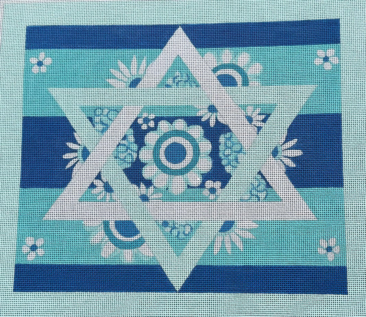 Challah Cover with Star of David and Flowers in Blues and White