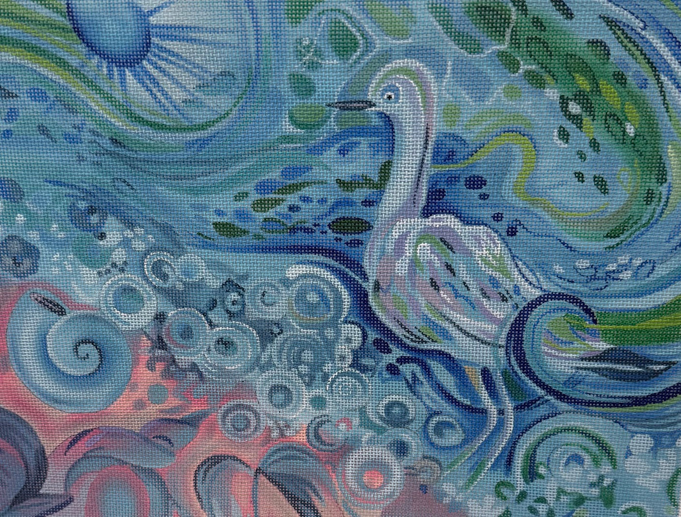 Blue Seabird with Swirling Designs
