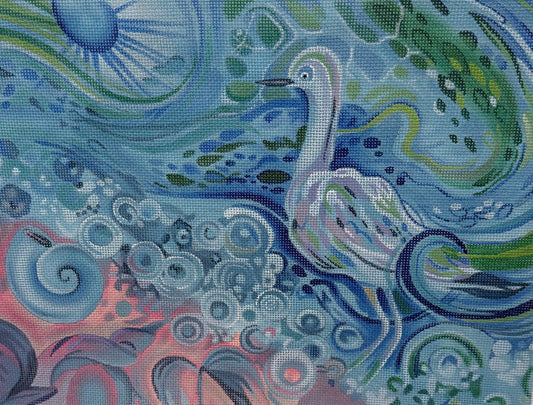 Blue Seabird with Swirling Designs