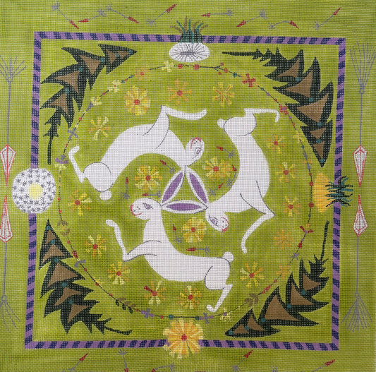 Three Rabbits in a Circle with Geometric Designs and Flowers