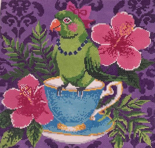 Parrot on a Teacup with Pink Flowers