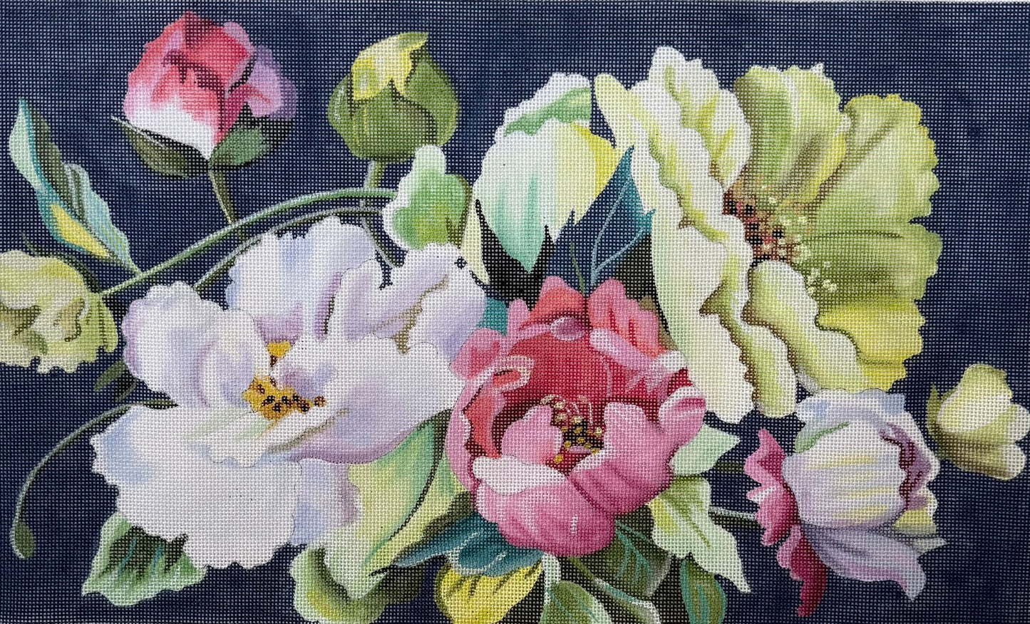 Brightly Colored Peonies on Dark Blue Background