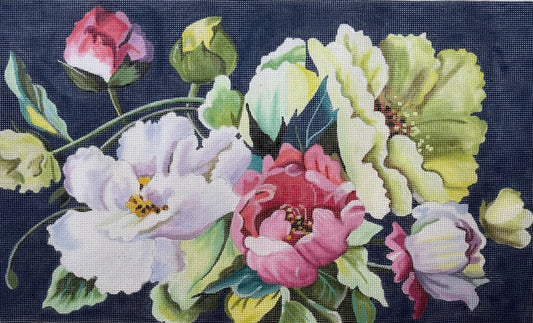 Brightly Colored Peonies on Dark Blue Background