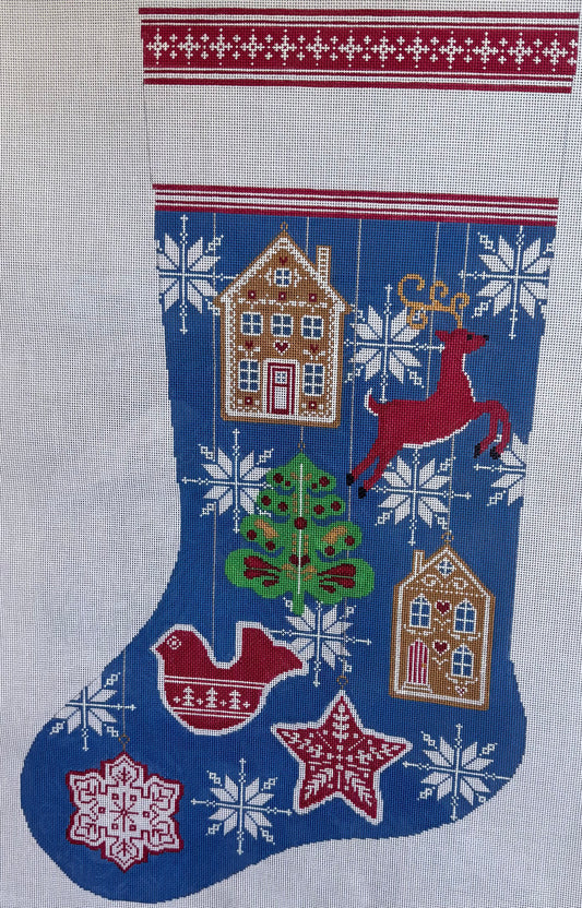 Blue Stocking with Christmas Ornaments and Tree