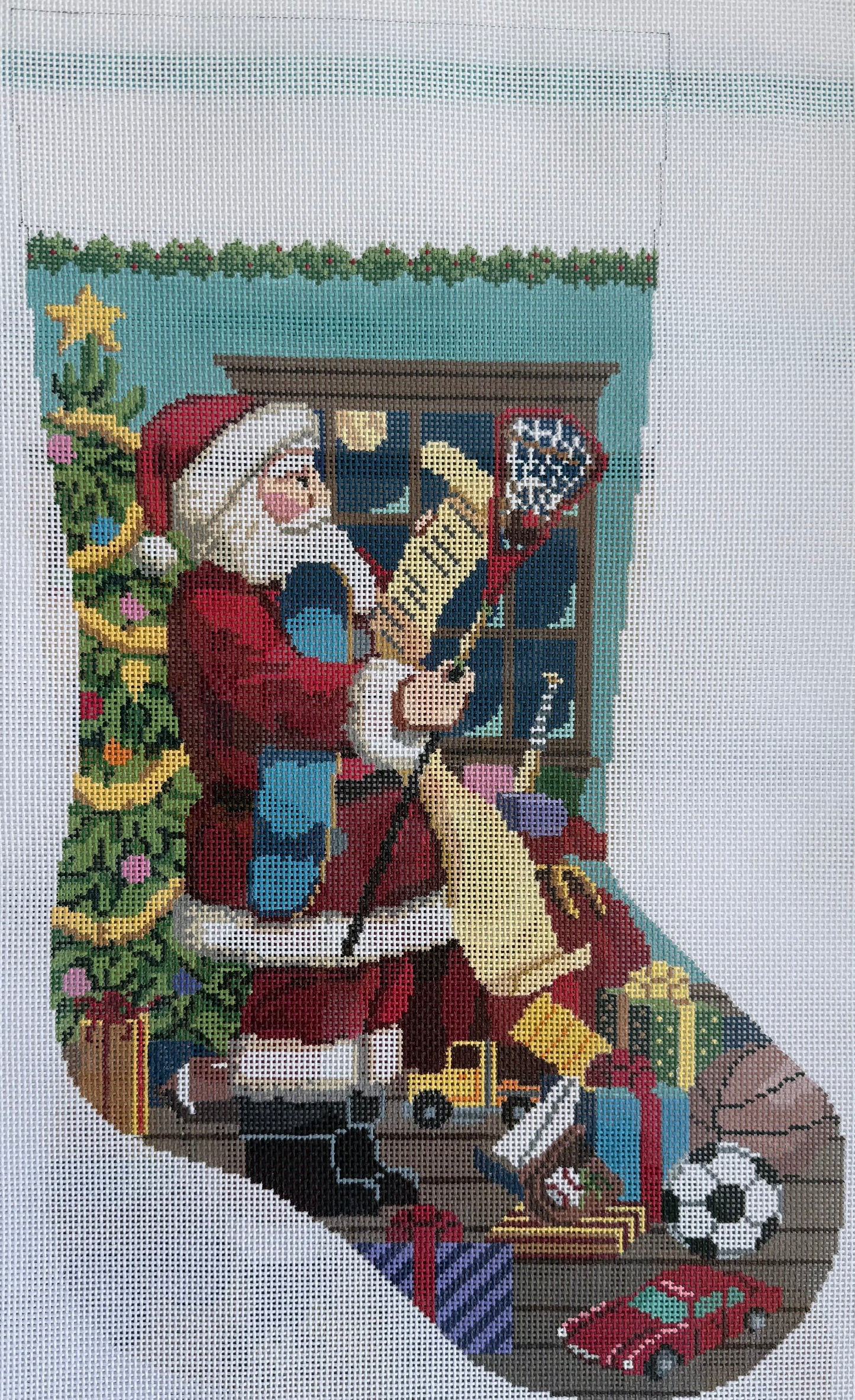 Stocking with Santa Checking his List, Surrounded by Toys
