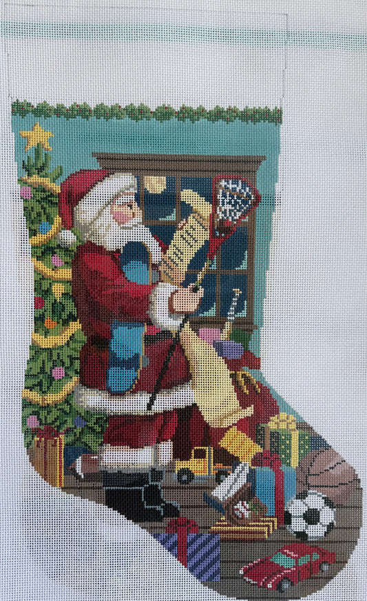 Stocking with Santa Checking his List, Surrounded by Toys