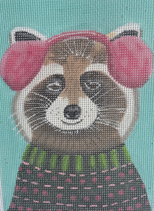 Raccoon in Christmas Sweater and Ear Muffs