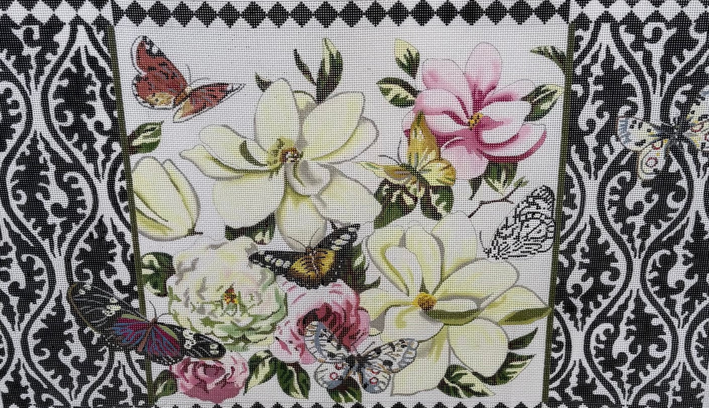 Black and White Geometric with Pink and White Flowers and Buttterflies