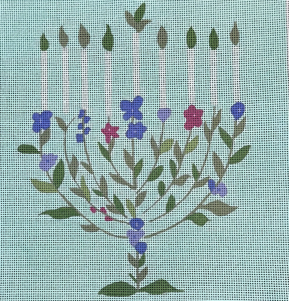 Menorah with Purple and Pink Flowers on Light Blue Background