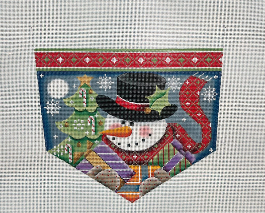 A needlepoint canvas with a snowman design, featuring a snowman wearing a hat with a Christmas tree and snowflake motifs, surrounded by a red and green patterned border.